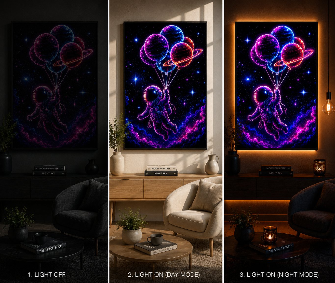 Cosmic Drift Astronaut – Whimsical Planet Balloons Neon Space Wall Art Blockout Print - Image 4