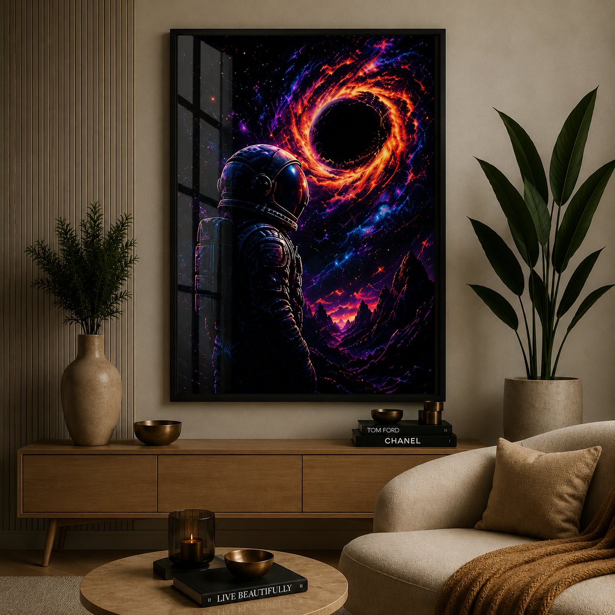 Astronaut at the Edge of the Void – Cosmic Black Hole Neon Space Wall Art Blockout Print - Image 2