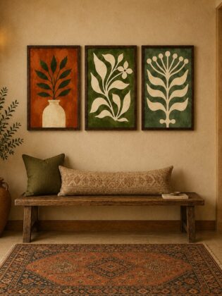 Minimalist Botanical Vases & Blooms Canvas Art – Organic Modern Triptych Print Set