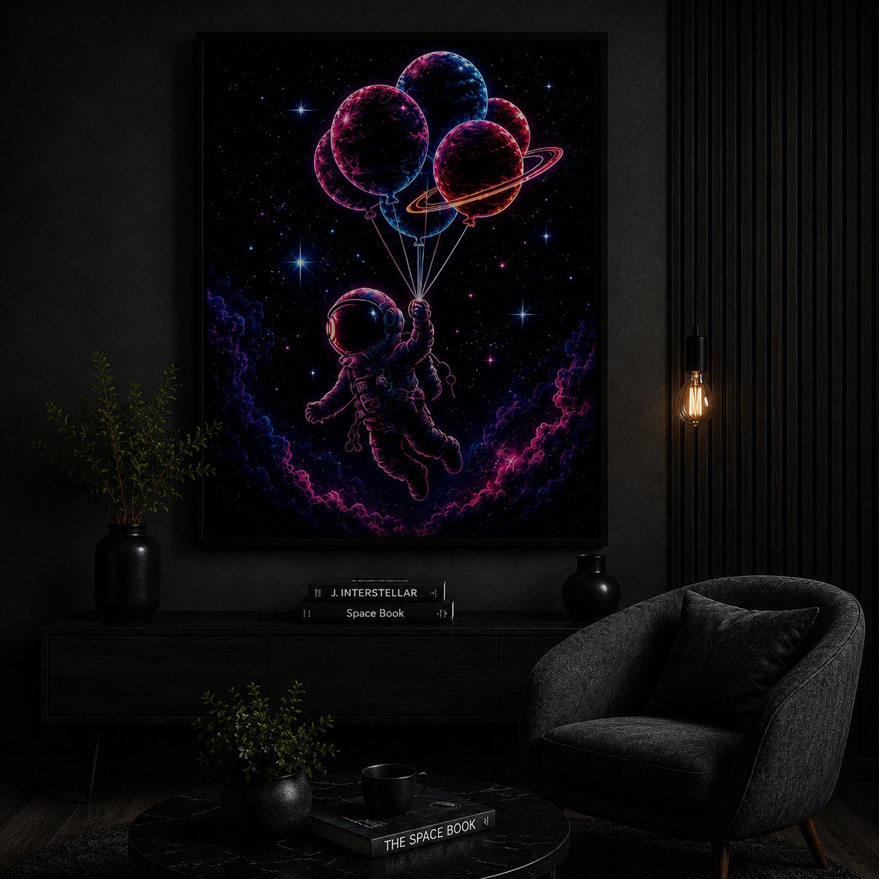 Cosmic Drift Astronaut – Whimsical Planet Balloons Neon Space Wall Art Blockout Print - Image 2