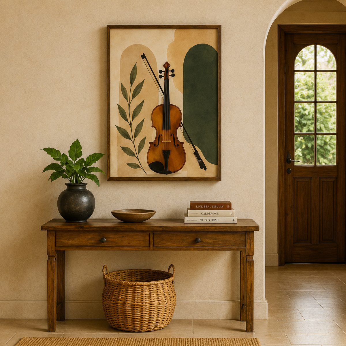 Minimalist Classical Violin & Arch Canvas Art – Organic Modern Boho Musical Print