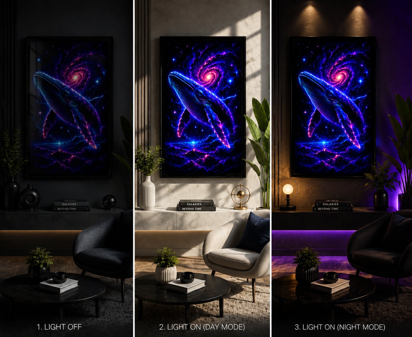 Celestial Humpback Whale – Swirling Galaxy Neon Cosmic Ocean Wall Art Blockout Print - Image 4