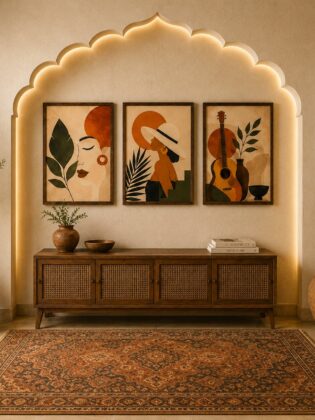 Abstract Acoustic Guitar & Woman Silhouette Canvas Art – Organic Modern Triptych Print Set
