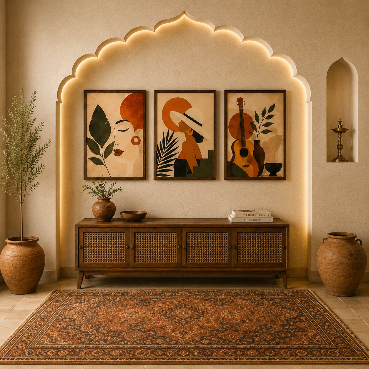 Abstract Acoustic Guitar & Woman Silhouette Canvas Art – Organic Modern Triptych Print Set