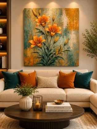 Vibrant Orange Lilies Canvas Print – Impressionist Palette Knife Floral Art