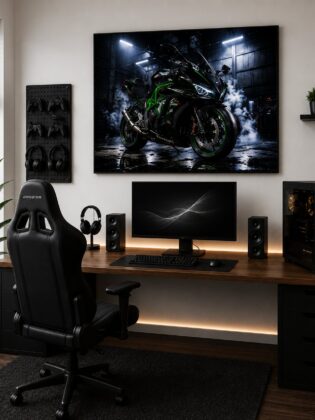 Kawasaki Ninja ZX-10R Motorcycle Wall Art – Smoke Effect Cyberpunk Garage Canvas Print