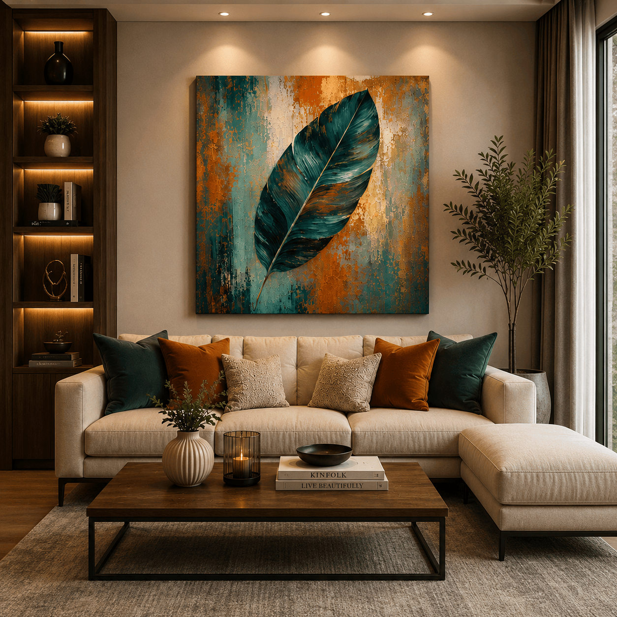 Teal Patina Plume – Textured Abstract Tropical Botanical Illustration
