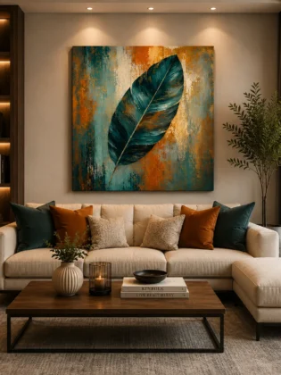 Teal Patina Plume – Textured Abstract Tropical Botanical Illustration
