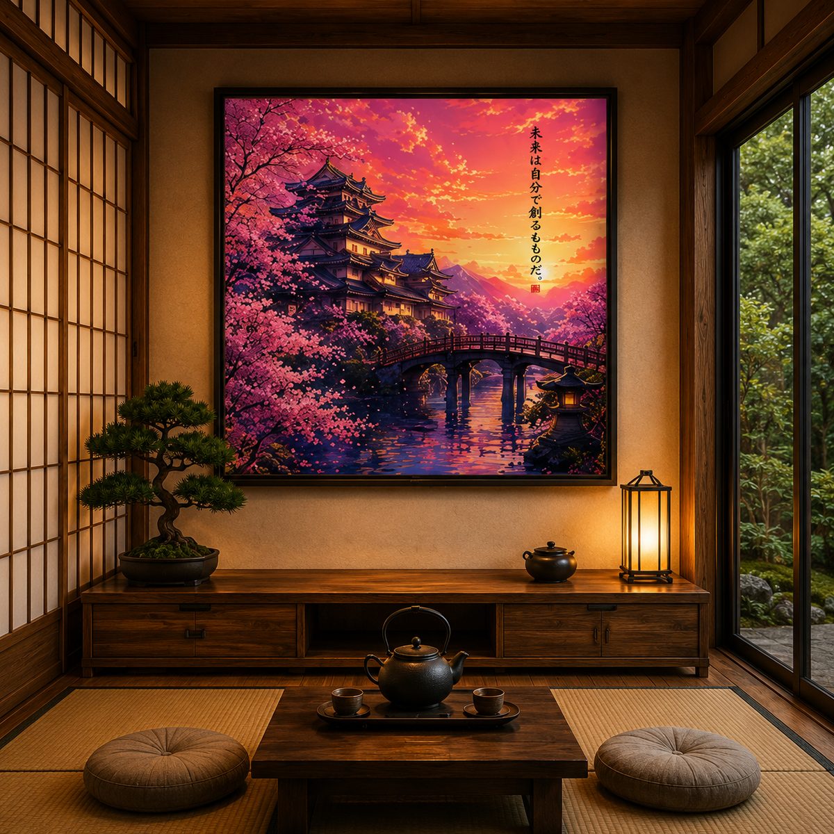 Japanese Pagoda Castle Wall Art – Cherry Blossom Sakura Sunset Canvas Print