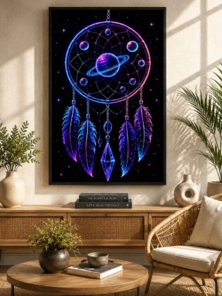 Planetary Ring Dreamcatcher – Cosmic Solar System Wall Art Neon Blockout Print