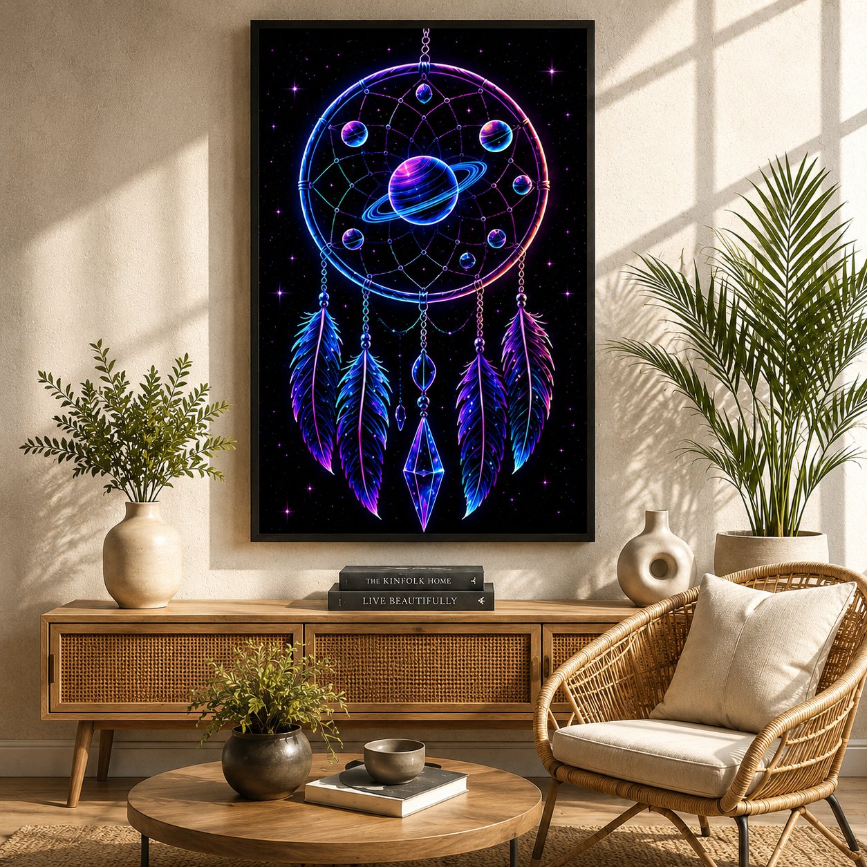 Planetary Ring Dreamcatcher – Cosmic Solar System Wall Art Neon Blockout Print