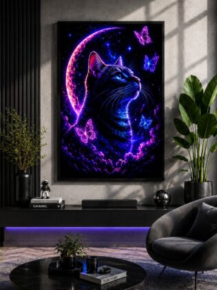 Cosmic Neon Cat & Butterflies – Celestial Mystic Feline Wall Art Blockout Print