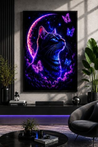 Cosmic Neon Cat & Butterflies – Celestial Mystic Feline Wall Art Blockout Print