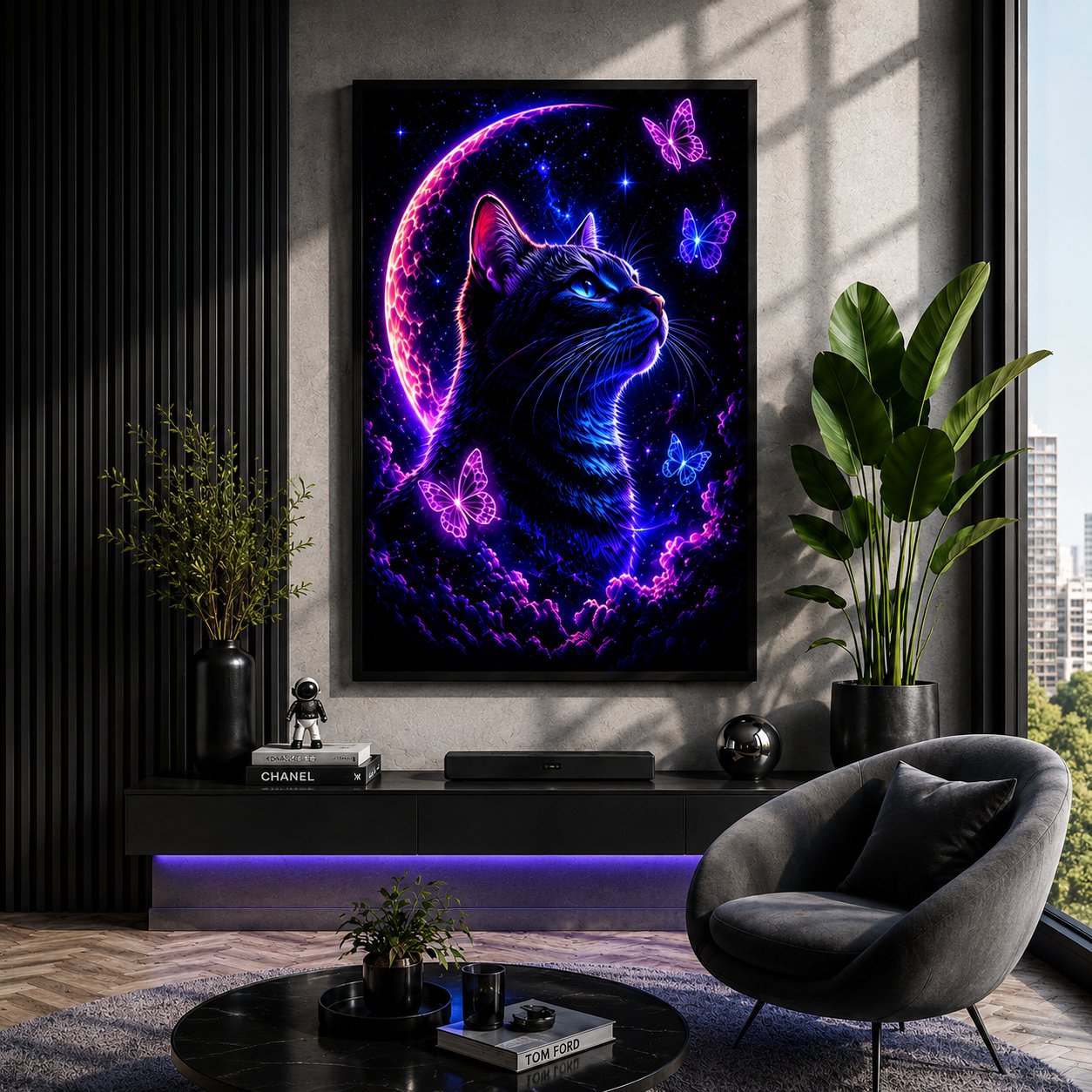 Cosmic Neon Cat & Butterflies – Celestial Mystic Feline Wall Art Blockout Print