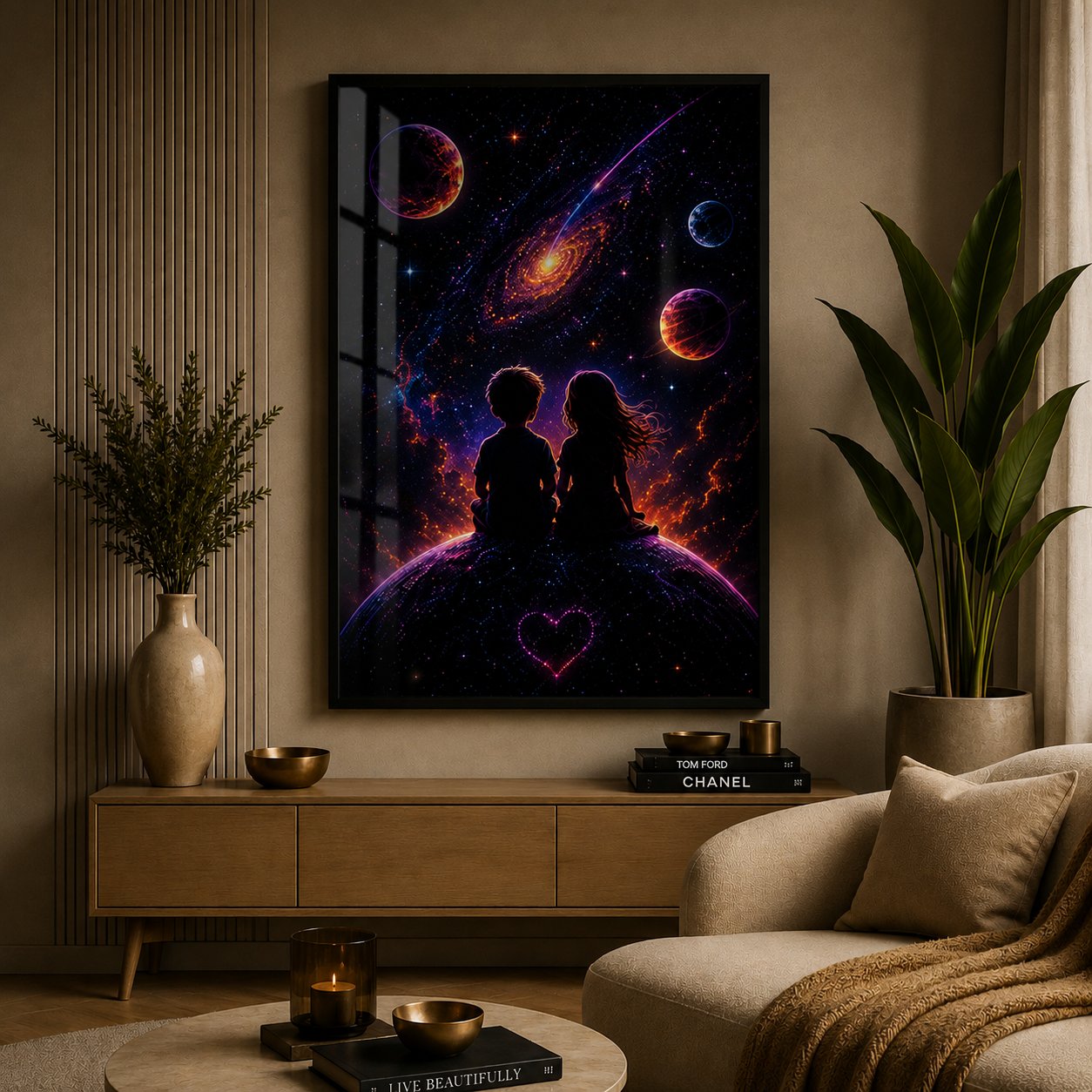 Stargazing Companions – Eternal Cosmic Heart & Spiral Galaxy Neon Wall Art Blockout Print - Image 2