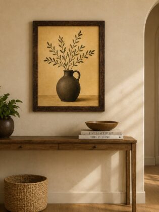 Minimalist Terracotta Jug & Olive Branch Canvas Art – Organic Modern Botanical Print