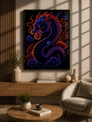 Imperial Neon Celestial Dragon – Mythical Eastern Beast Wall Art Blockout Print