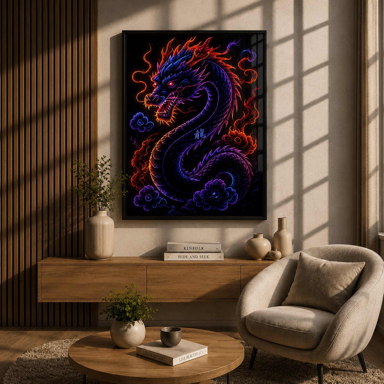 Imperial Neon Celestial Dragon – Mythical Eastern Beast Wall Art Blockout Print