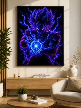 Unleashed Saiyan Aura – Neon Energy Sphere Anime Wall Art Blockout Print