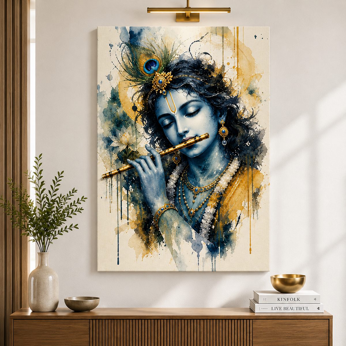 Krishna’s Divine Melody – Elegant Watercolor Canvas Art - Image 4