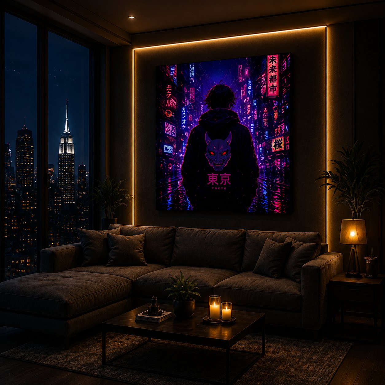 Cyberpunk Tokyo Street Wall Art – Oni Mask Neon City Canvas Print - Image 3