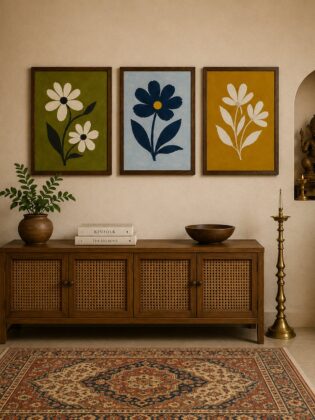 Minimalist Retro Daisies & Wildflower Canvas Art – Organic Modern Triptych Print Set