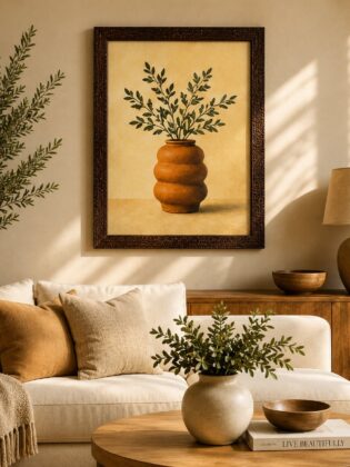 Minimalist Terracotta Ribbed Vase & Olive Branch Canvas Art – Organic Modern Botanical Print