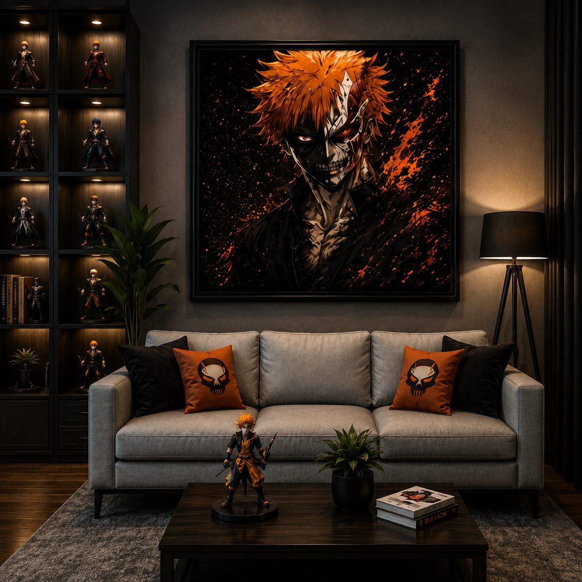 Bleach Ichigo Kurosaki Anime Wall Art – Half Hollow Mask Orange Splatter Canvas Print - Image 3