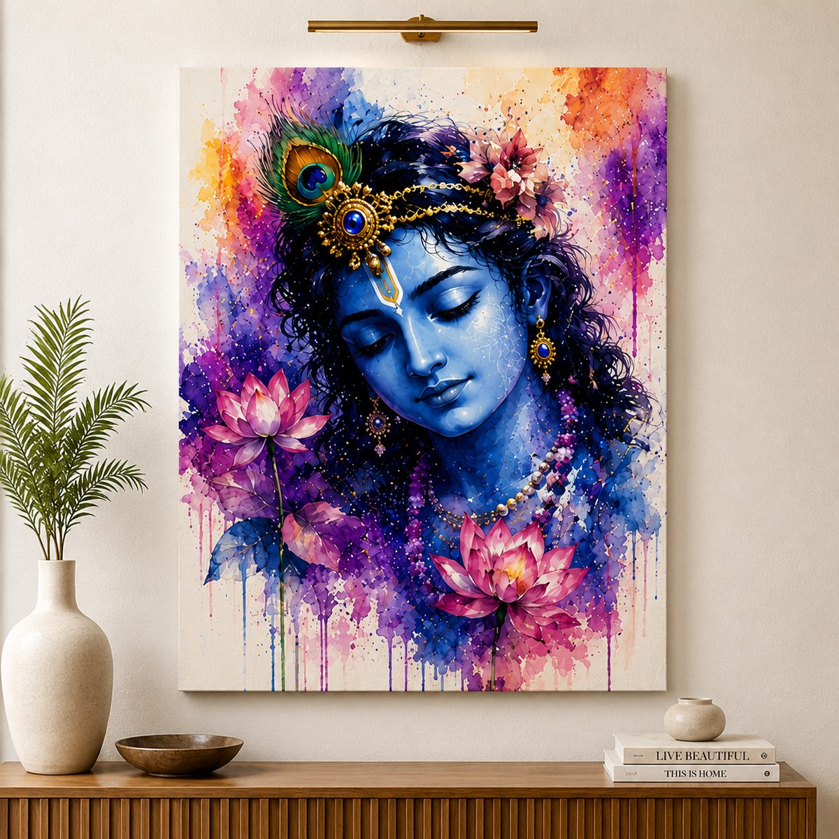 The Blossoming of Grace – Krishna Watercolor Portrait - Image 2