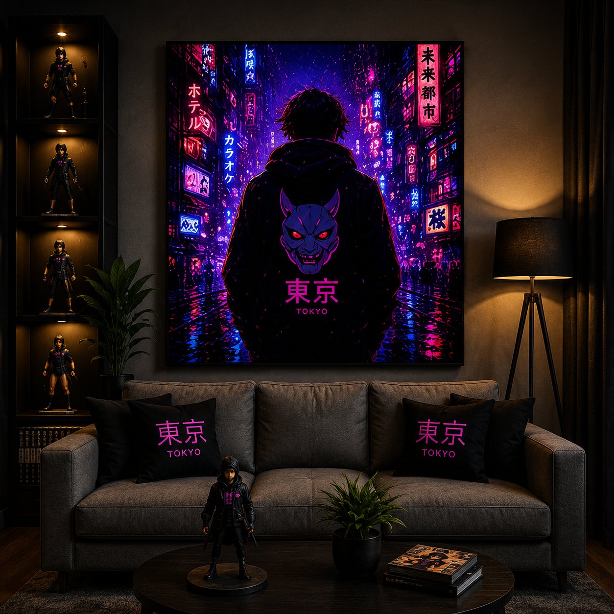 Cyberpunk Tokyo Street Wall Art – Oni Mask Neon City Canvas Print - Image 4