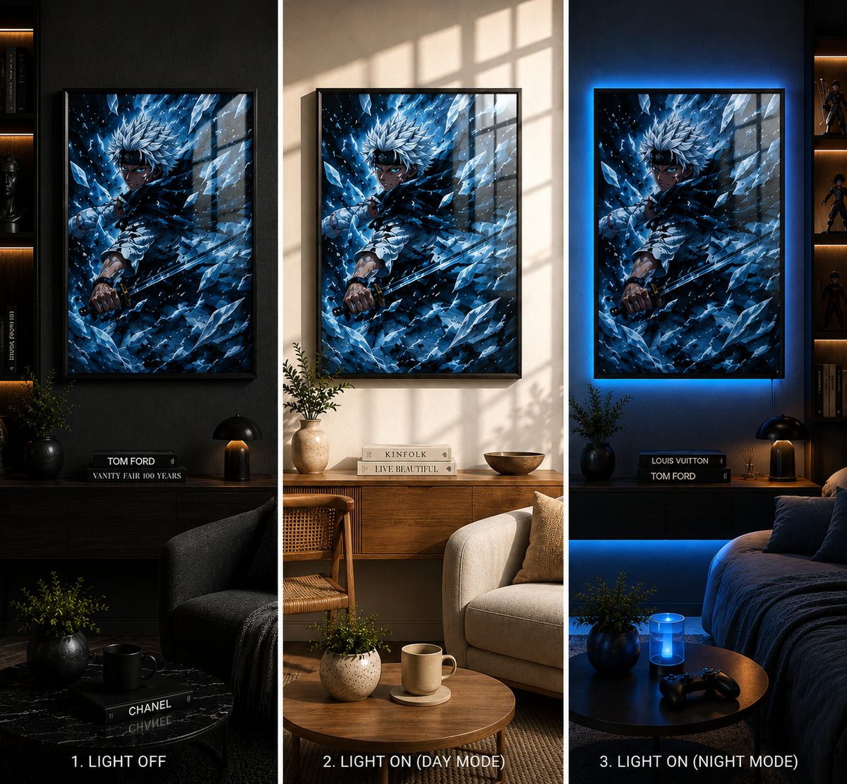 Glacial Shards Unleashed – Neon Ice Dragon Captain Anime Wall Art Blockout Print - Image 4