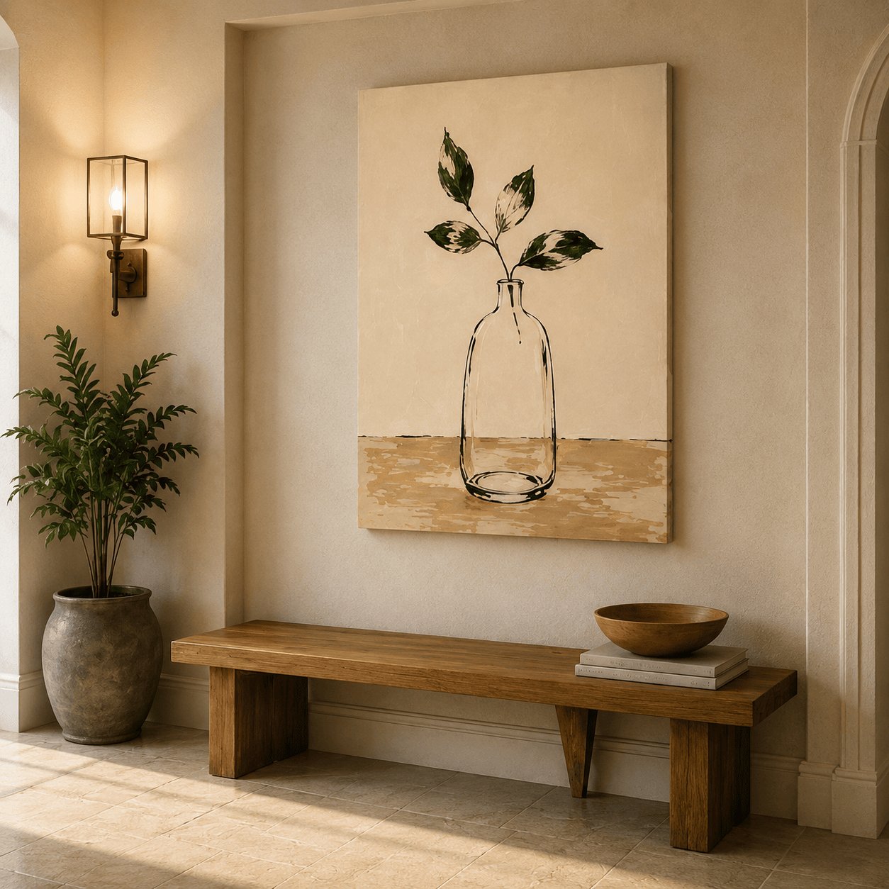 Minimalist Glass Vase & Botanical Branch Canvas Art – Organic Modern Print