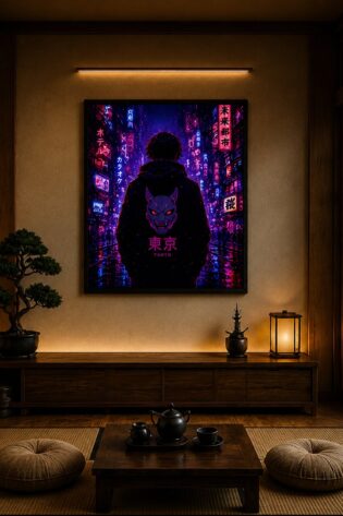 Cyberpunk Tokyo Street Wall Art – Oni Mask Neon City Canvas Print