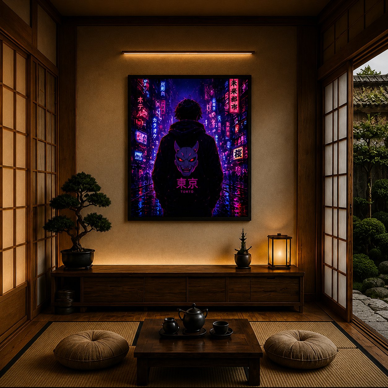 Cyberpunk Tokyo Street Wall Art – Oni Mask Neon City Canvas Print