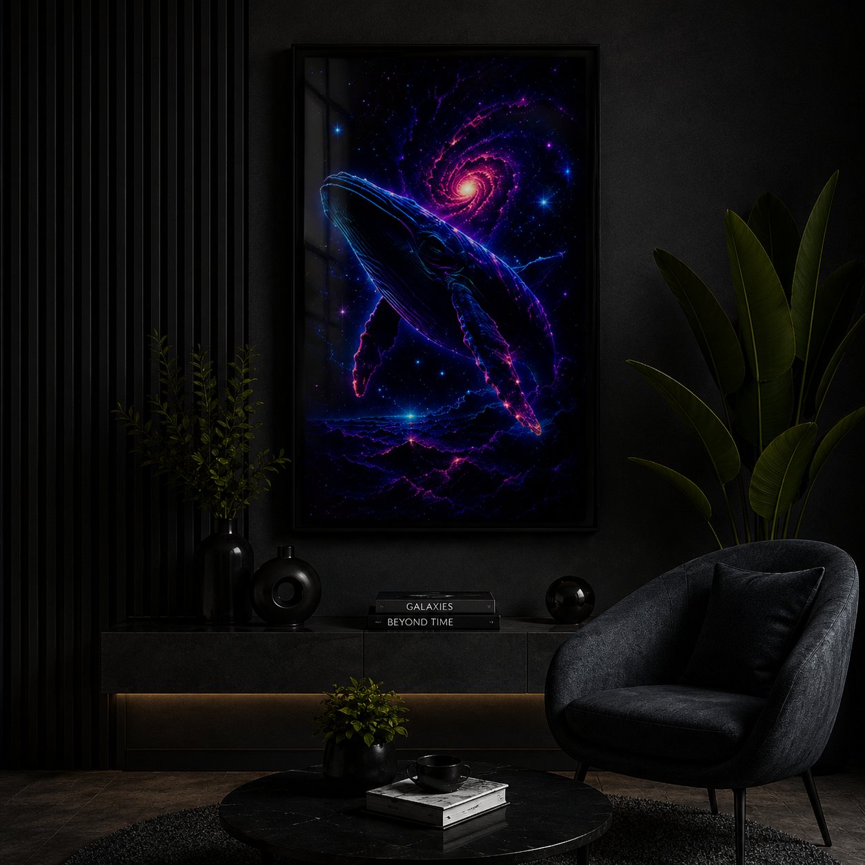 Celestial Humpback Whale – Swirling Galaxy Neon Cosmic Ocean Wall Art Blockout Print - Image 2
