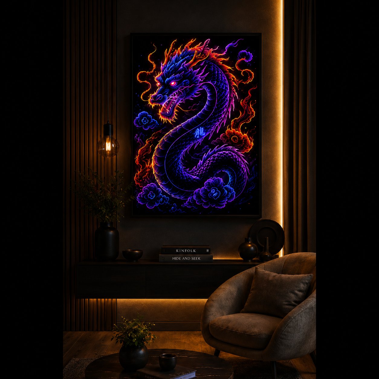 Imperial Neon Celestial Dragon – Mythical Eastern Beast Wall Art Blockout Print - Image 3