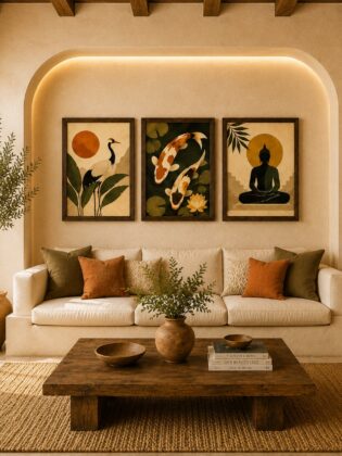 Zen Buddha & Koi Fish Canvas Art – Japanese Crane Organic Modern Triptych Print Set