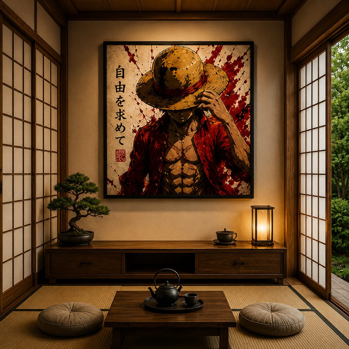 One Piece Luffy Anime Wall Art – Straw Hat Crimson Ink Canvas Print
