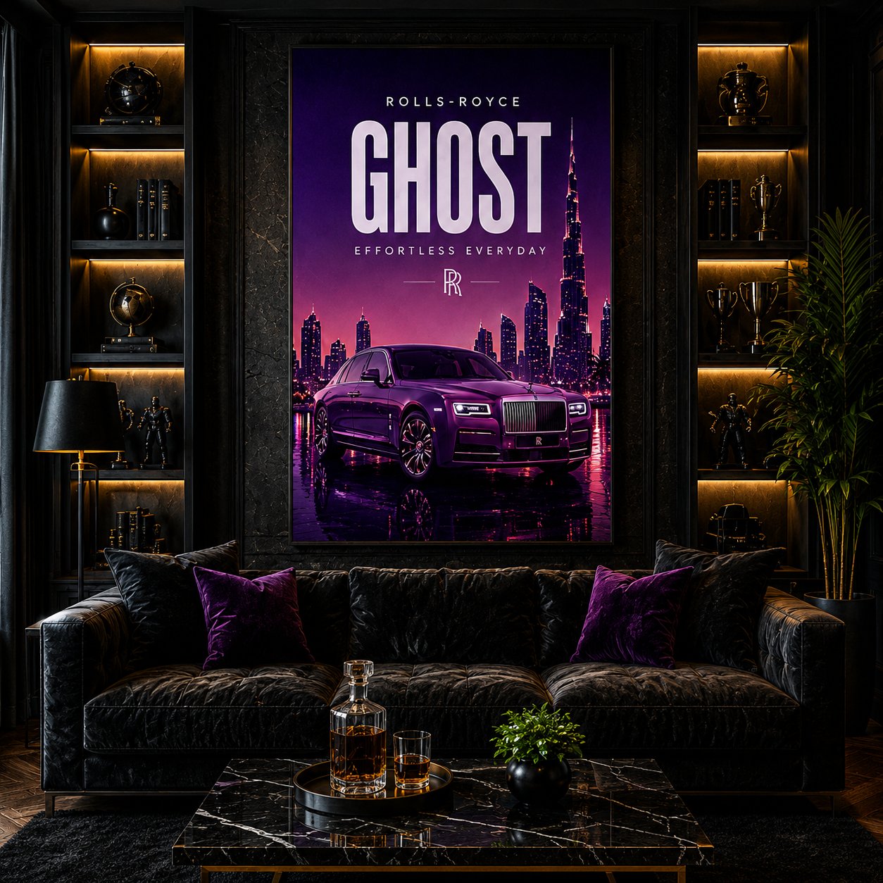 Rolls-Royce Ghost Canvas Poster – Effortless Everyday Luxury Sedan Dubai Skyline Wall Art - Image 3