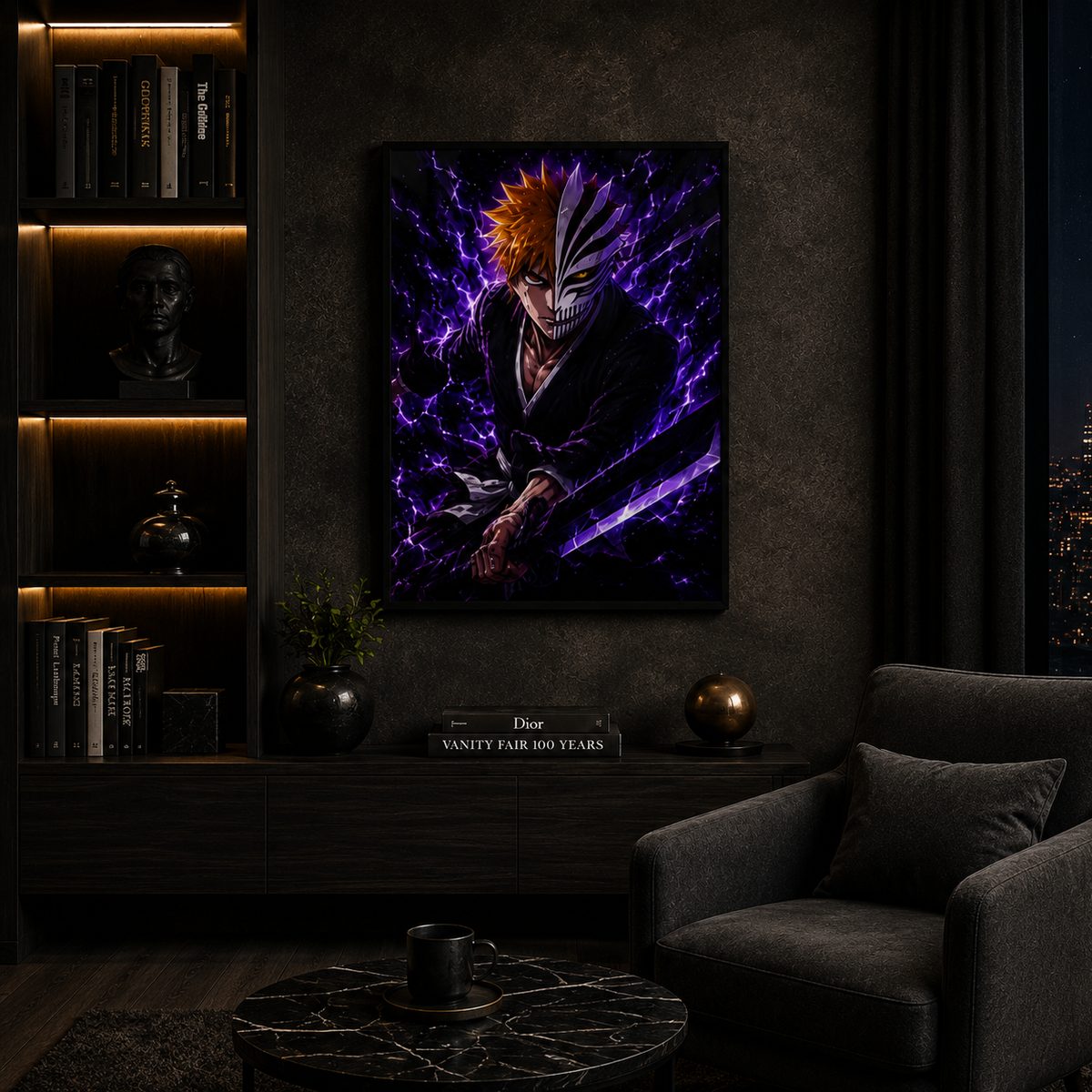 Hollow Mask Awakening – Neon Soul Reaper Spiritual Pressure Anime Wall Art Blockout Print - Image 3