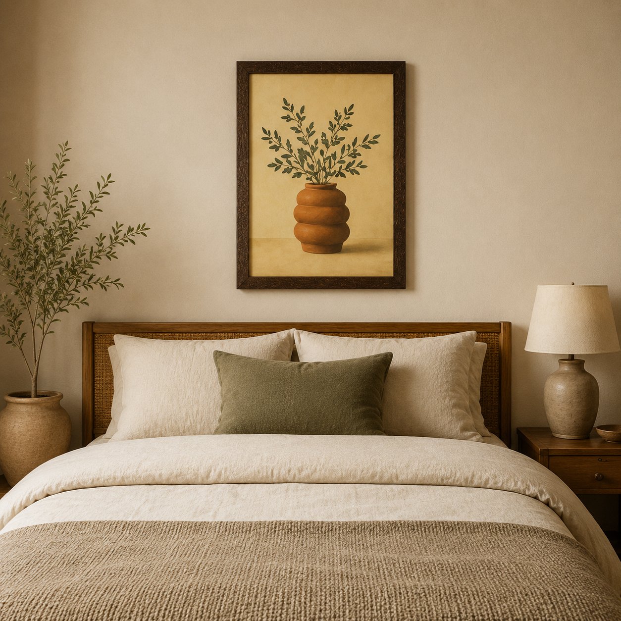 Minimalist Terracotta Ribbed Vase & Olive Branch Canvas Art – Organic Modern Botanical Print - Image 5