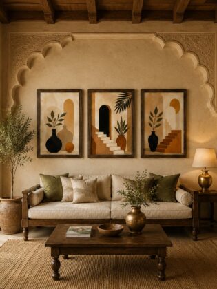 Minimalist Terracotta Arches & Botanical Vases Canvas Art – Organic Modern Triptych Print Set