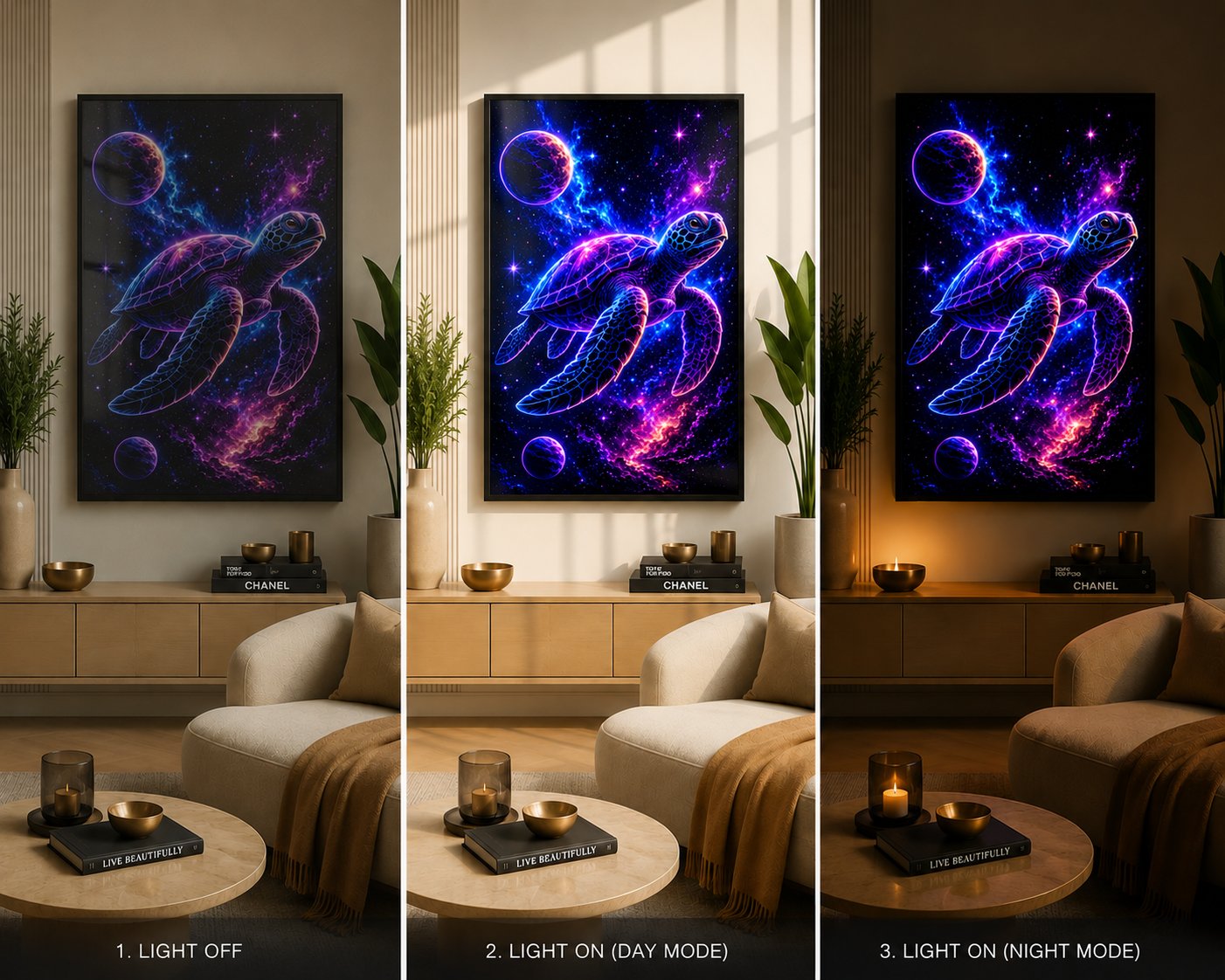 Cosmic Sea Turtle Voyage – Mystical Galactic Ocean Neon Wall Art Blockout Print - Image 4