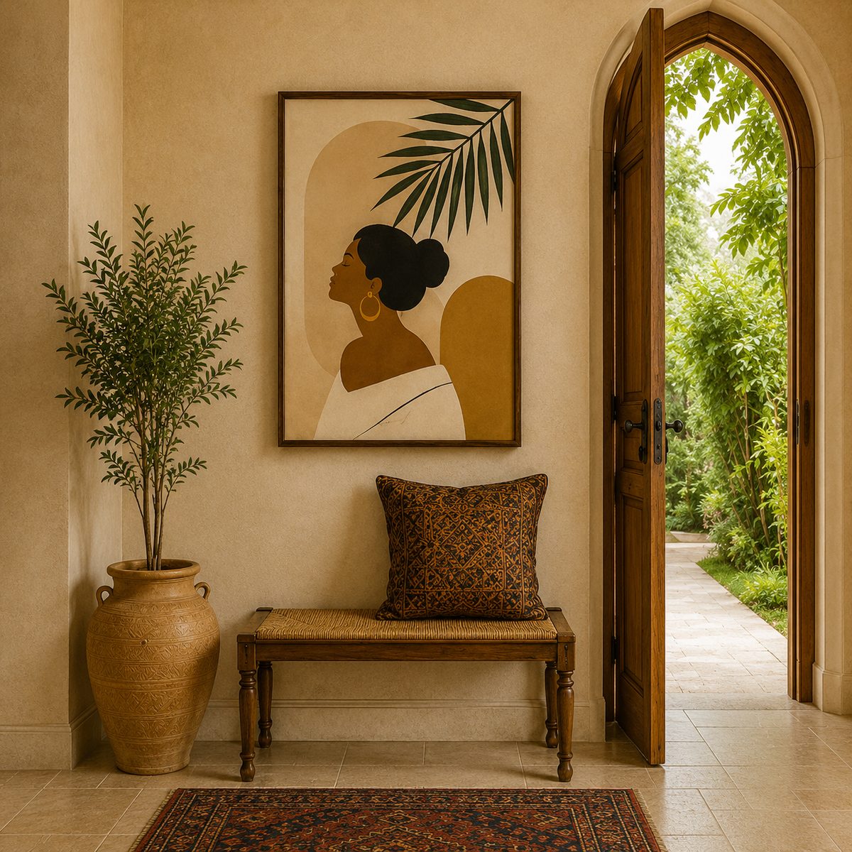 Minimalist Female Portrait & Palm Leaf Canvas Art – Organic Modern Boho Woman Print