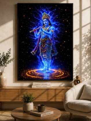 Divine Melody of Krishna – Neon Spiritual Energy Devotional Wall Art Blockout Print