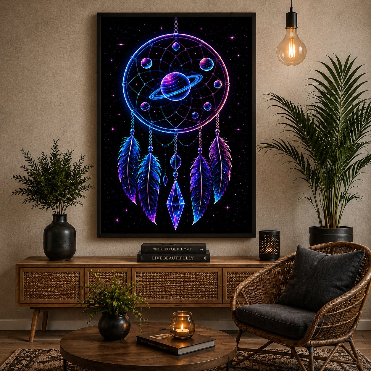 Planetary Ring Dreamcatcher – Cosmic Solar System Wall Art Neon Blockout Print - Image 2