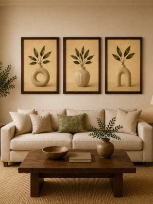 Minimalist Ceramic Donut Vases & Olive Branch Canvas Art – Organic Modern Triptych Print Set