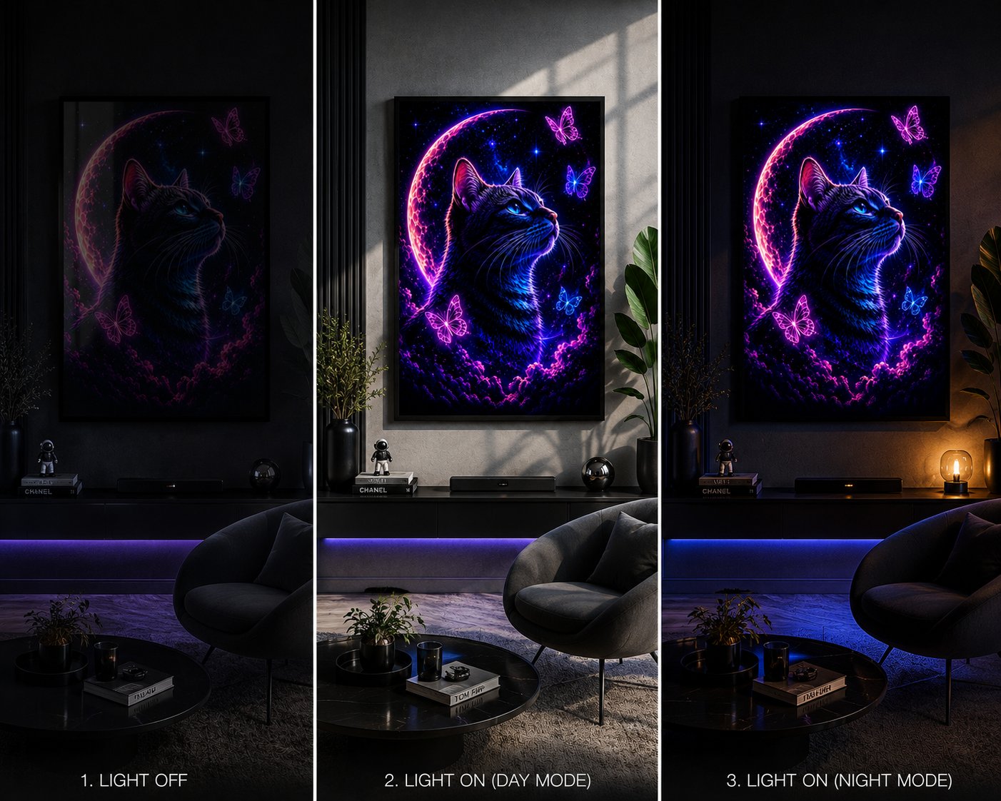 Cosmic Neon Cat & Butterflies – Celestial Mystic Feline Wall Art Blockout Print - Image 4