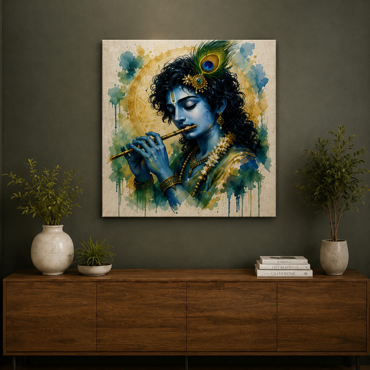 Sound of the Infinite – Lord Krishna Flute Watercolor Art - Image 4