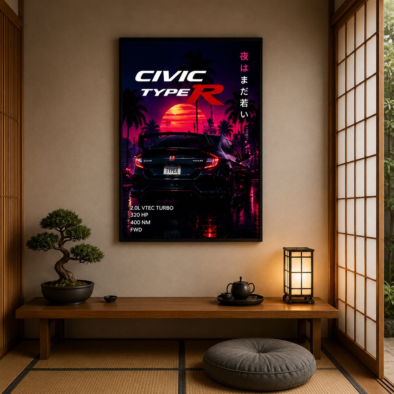 JDM Honda Civic Type R Canvas Poster – Synthwave Sunset Japanese Hot Hatch Wall Art